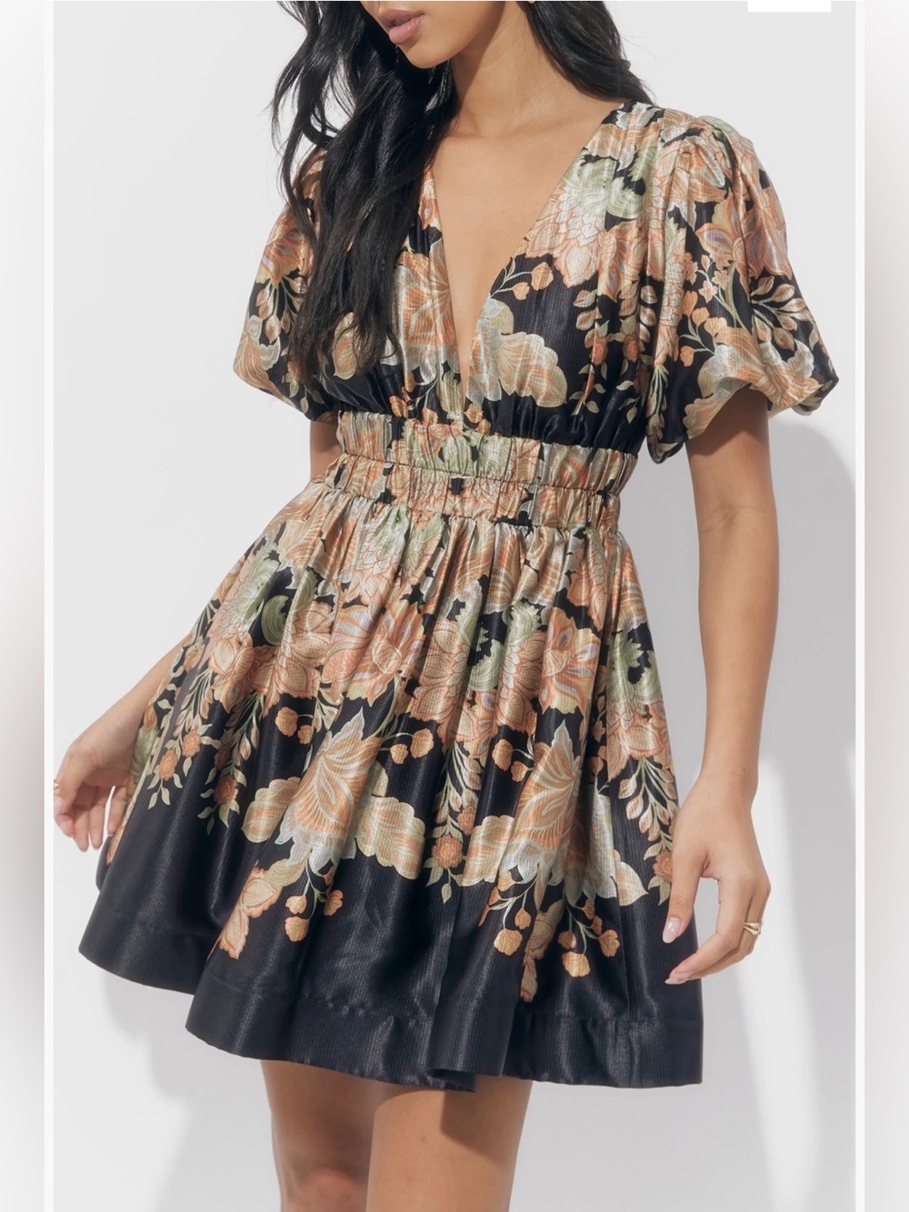 Adelyn Rae Floral Babydoll Mini Dress Black Peach Sage Boho Puff Sleeve L